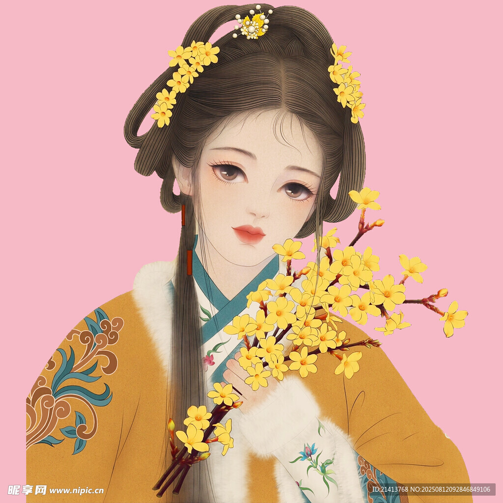 古風(fēng)佳人手持綻放花枝