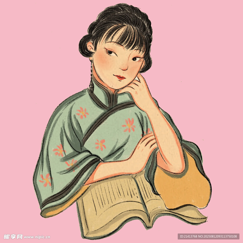 民國(guó)少女捧書倚琴靜思