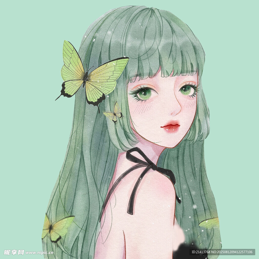 綠發(fā)少女與蝴蝶插畫(huà)