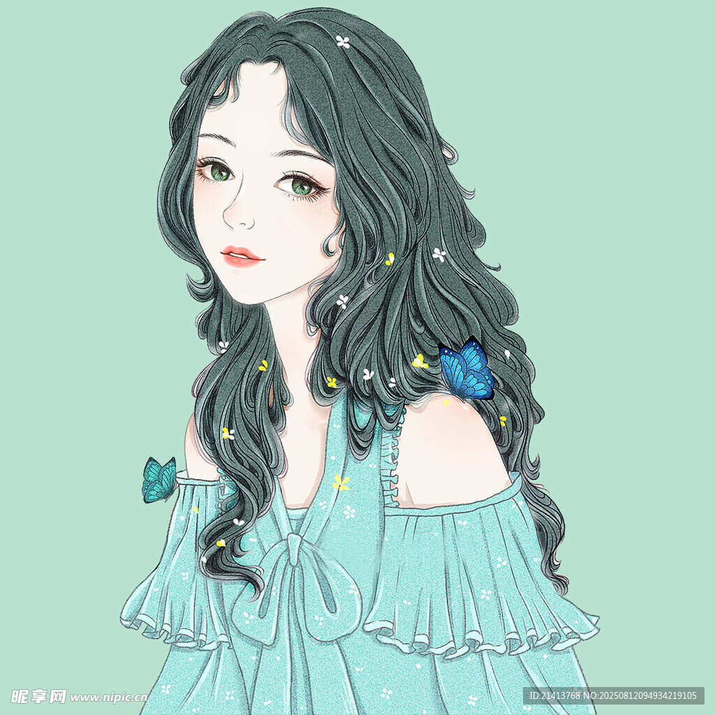 藍(lán)裙卷發(fā)女孩夢幻插畫