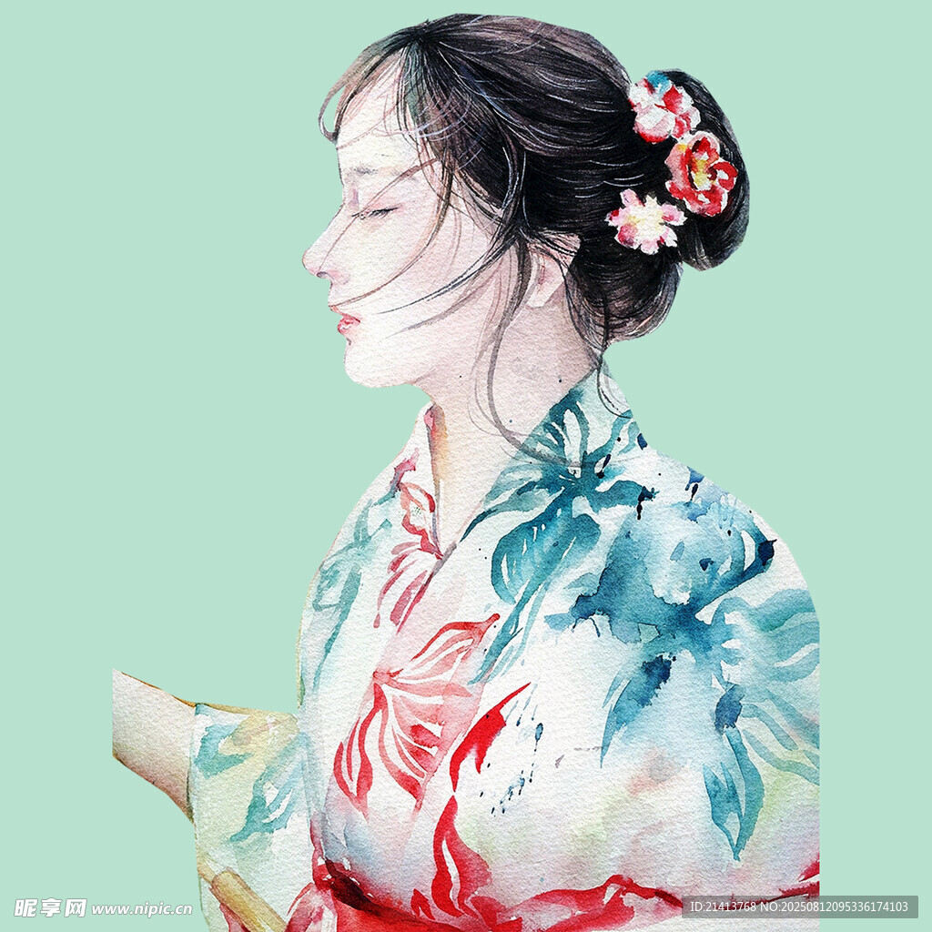 古風(fēng)女子身著印花和服側(cè)影