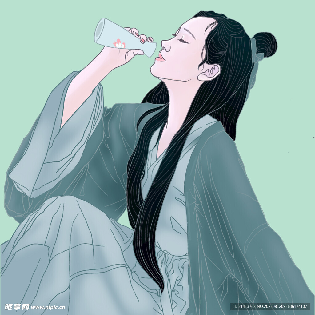 古裝女子優(yōu)雅飲水圖