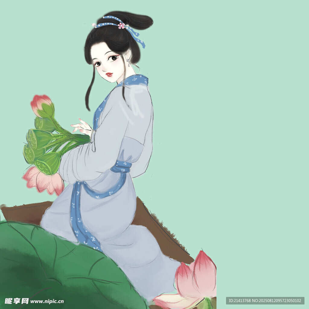 古風(fēng)少女持荷優(yōu)雅端坐