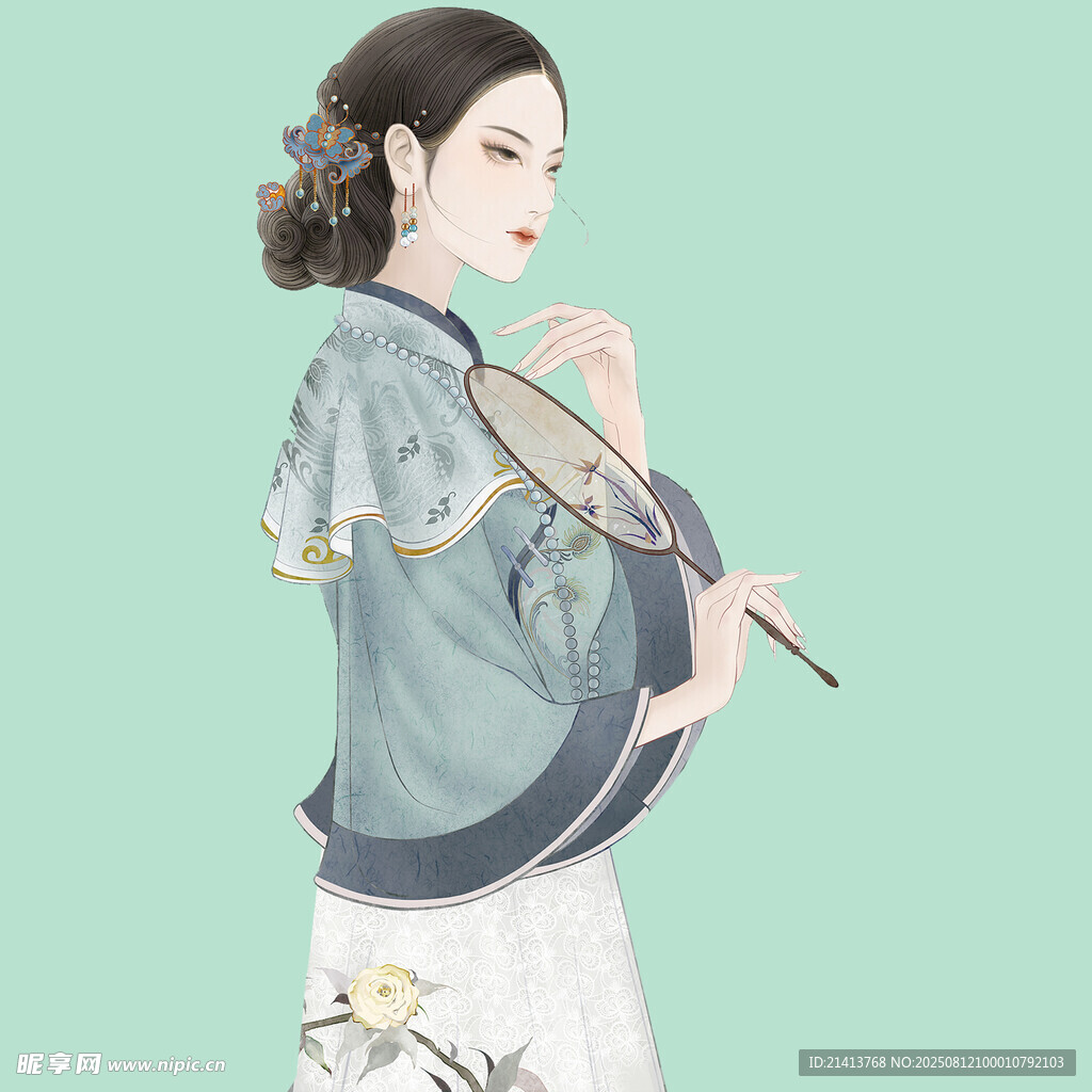 古典佳人持扇優(yōu)雅背影