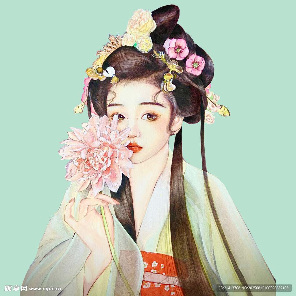 古風佳人持花淺笑