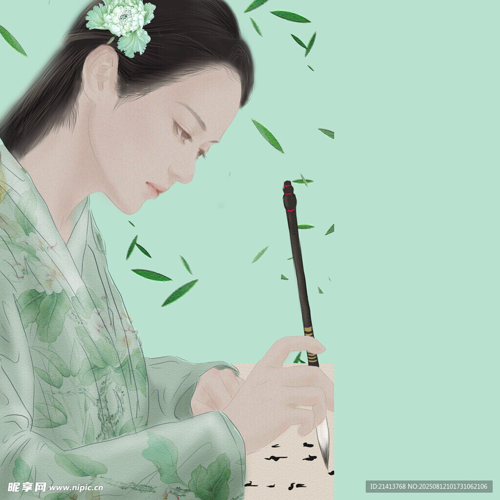 古風(fēng)女子專注書寫畫面