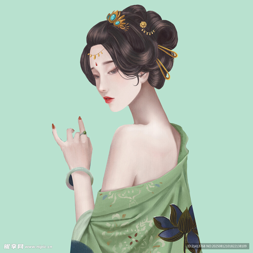 古風(fēng)綠衣女子優(yōu)雅側(cè)顏