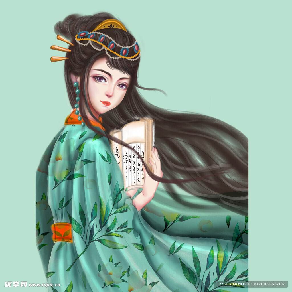古風(fēng)綠衣持扇飄逸女子