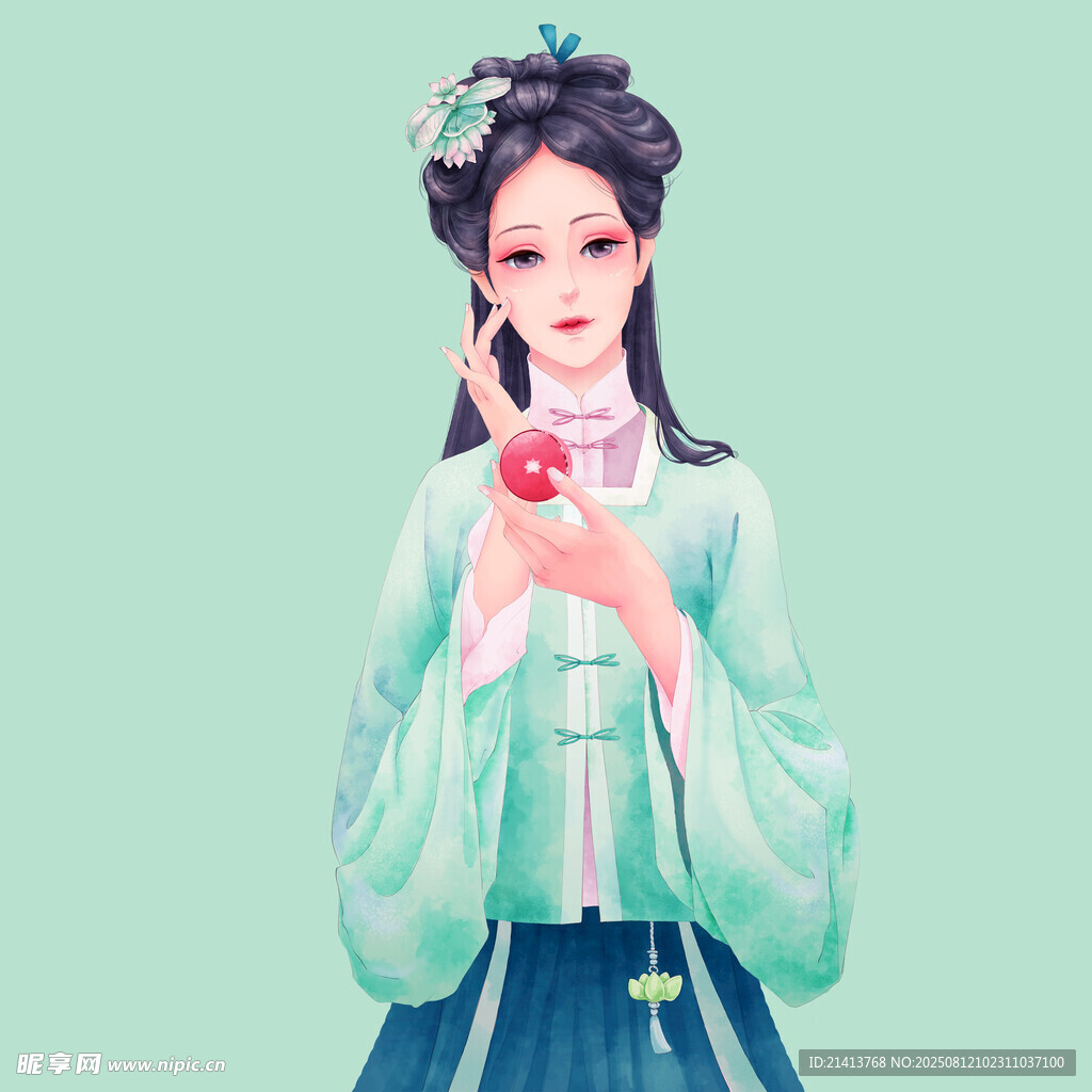 古風女子手持蘋果淺笑
