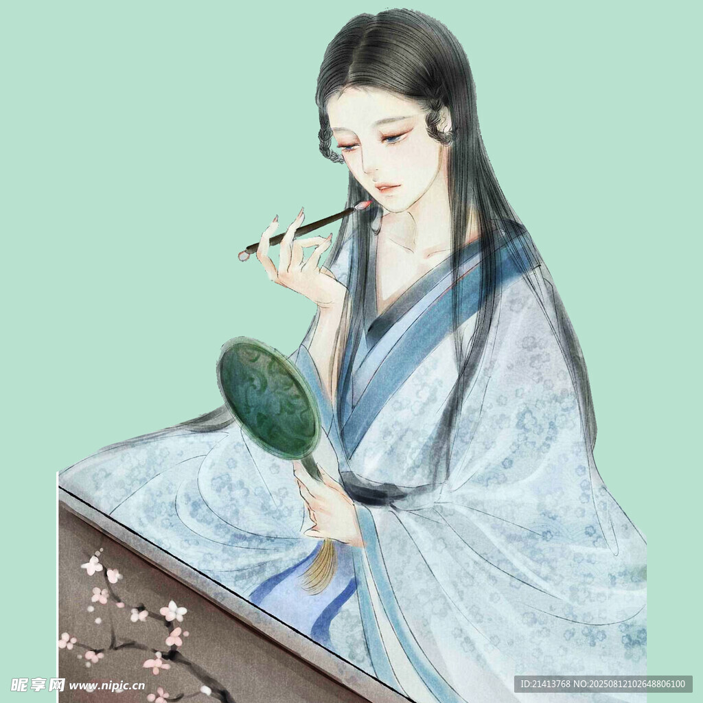 古風(fēng)女子持扇吹笛圖