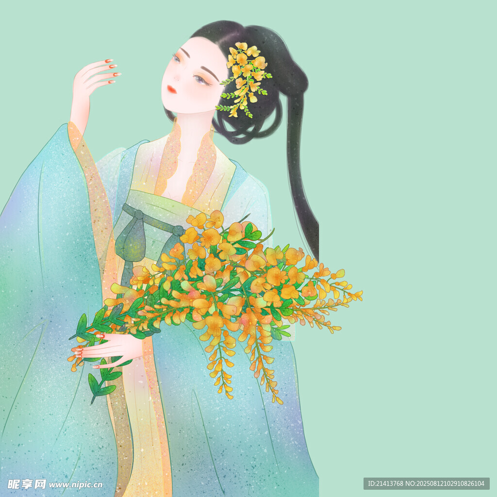 古風(fēng)女子手持絢爛花束