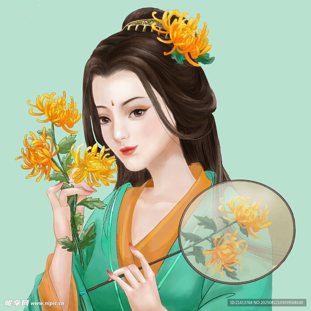 古風(fēng)佳人持花執(zhí)扇賞景
