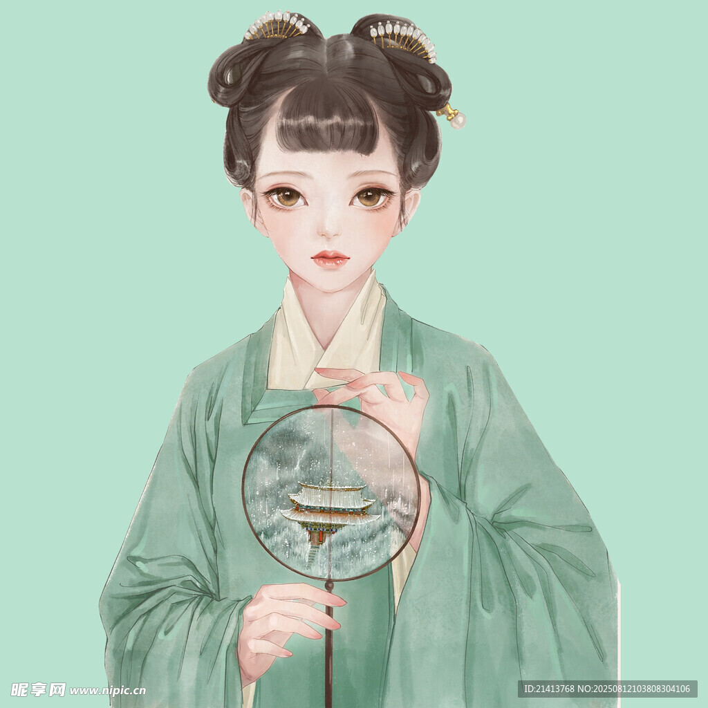 古風(fēng)少女持扇優(yōu)雅模樣