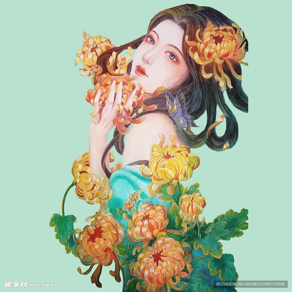 古風(fēng)女子與絢爛菊花相伴