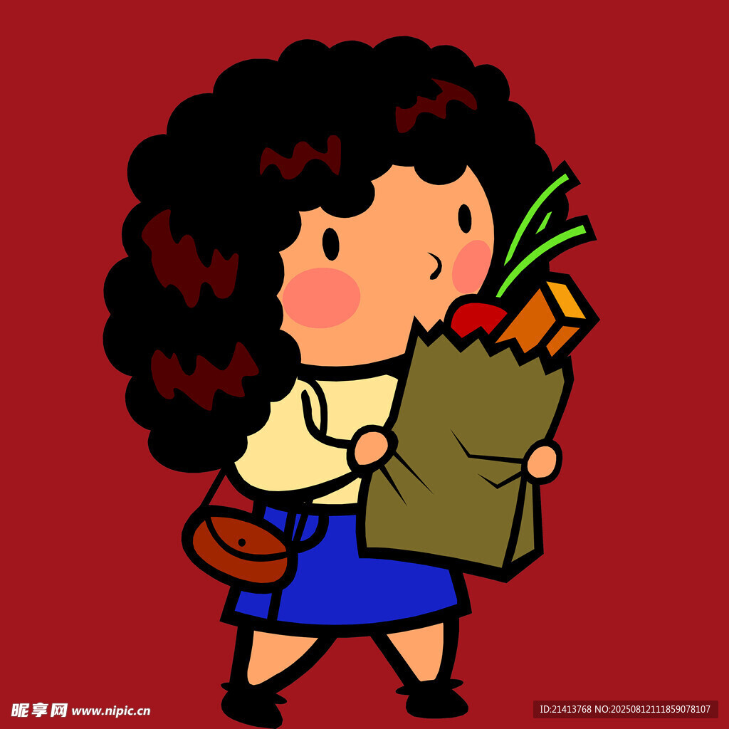 卷發(fā)女孩手提蔬菜購物袋