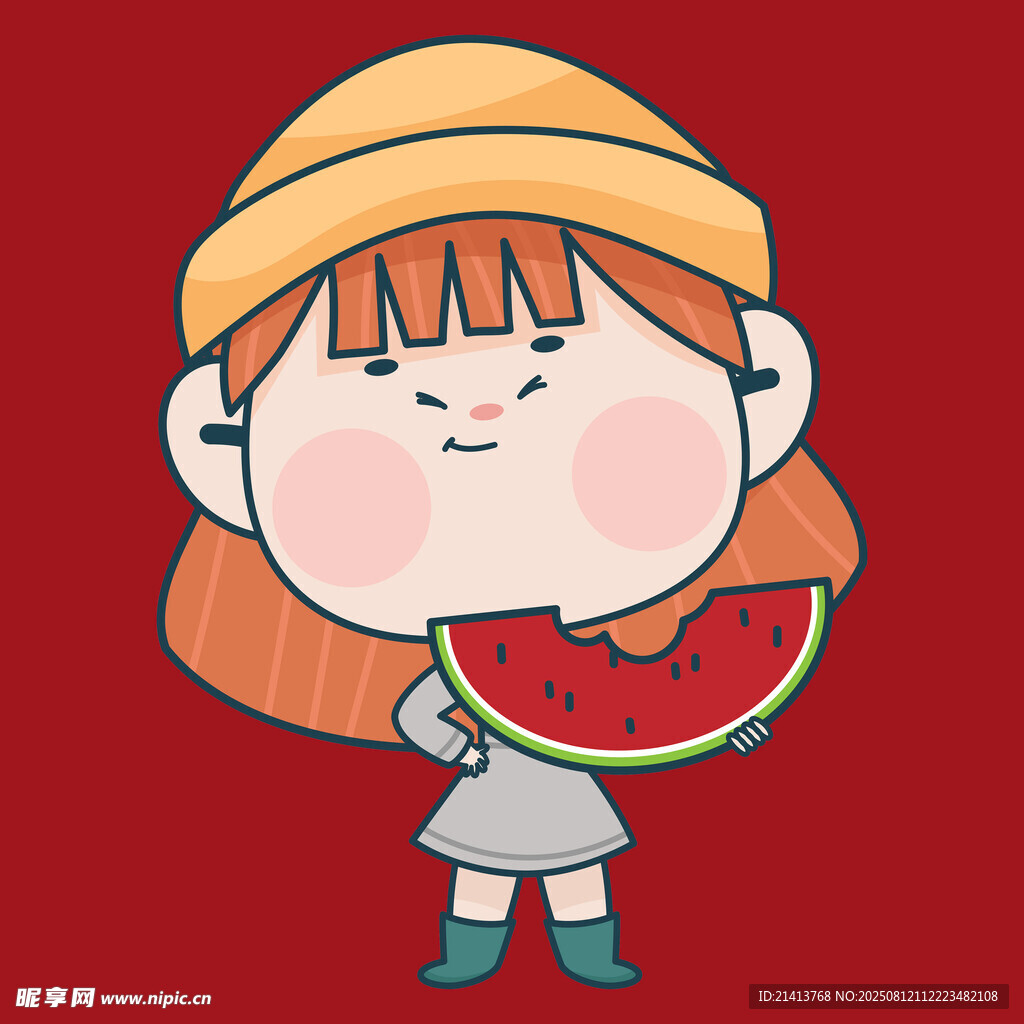 戴帽女孩開心吃西瓜
