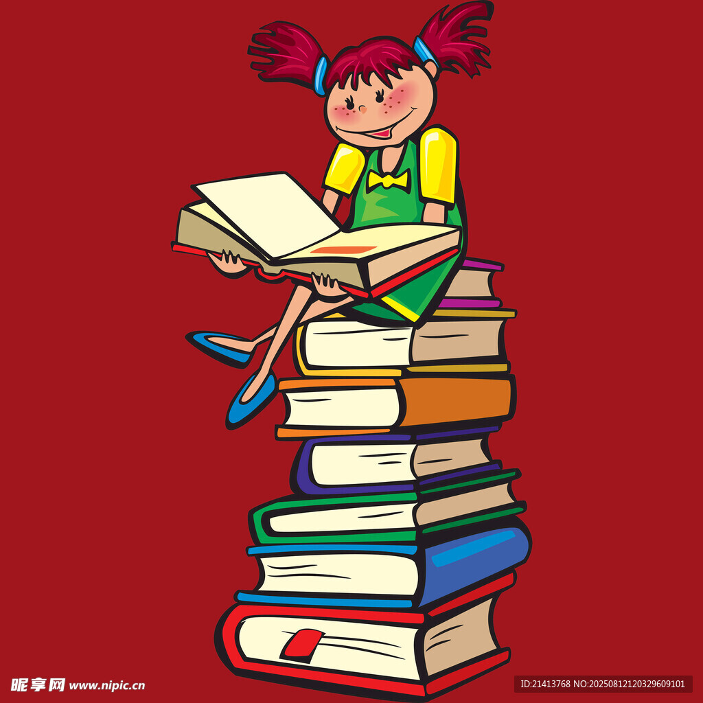 女孩坐書堆上專注閱讀
