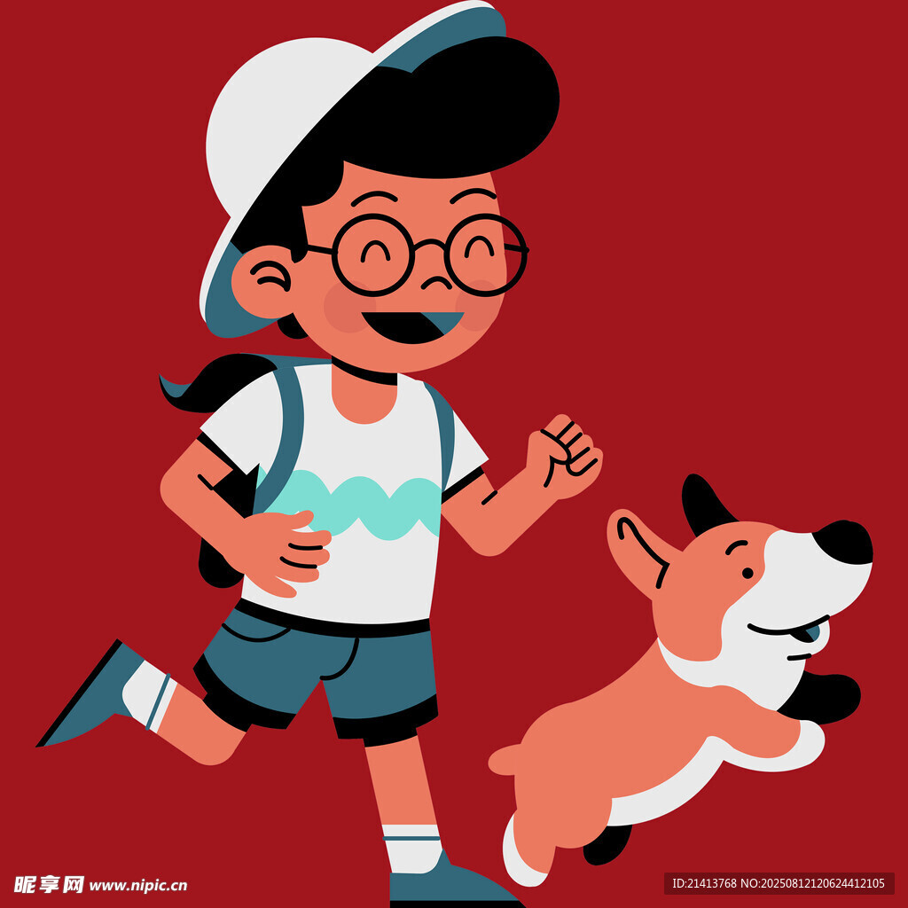 男孩與小狗快樂奔跑