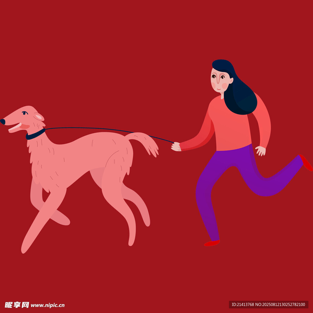 女子歡快遛狗圖
