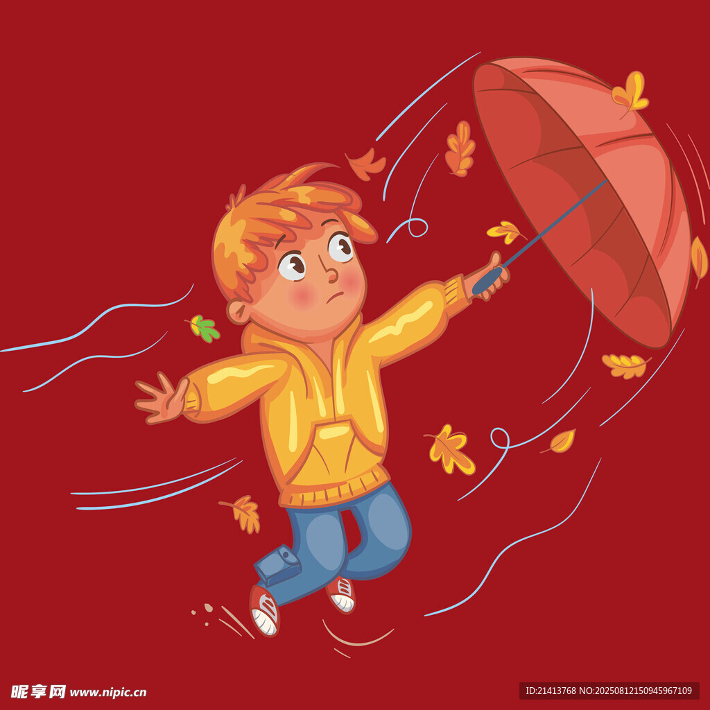 男孩雨中撐傘被風(fēng)吹