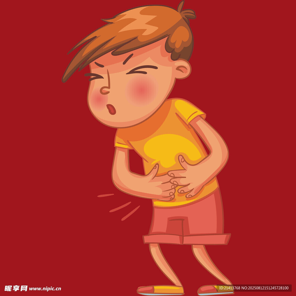 捂著肚子難受的小男孩