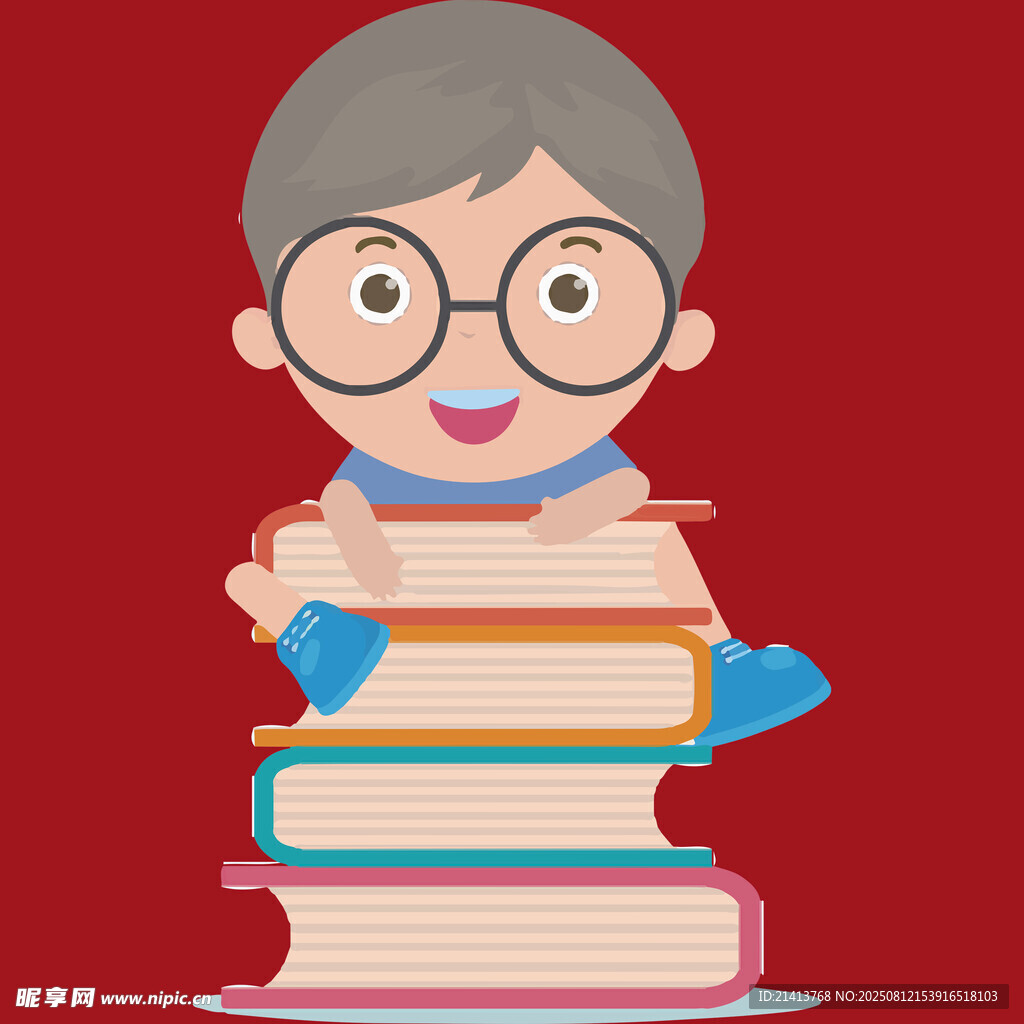 孩子快樂地坐在書堆上
