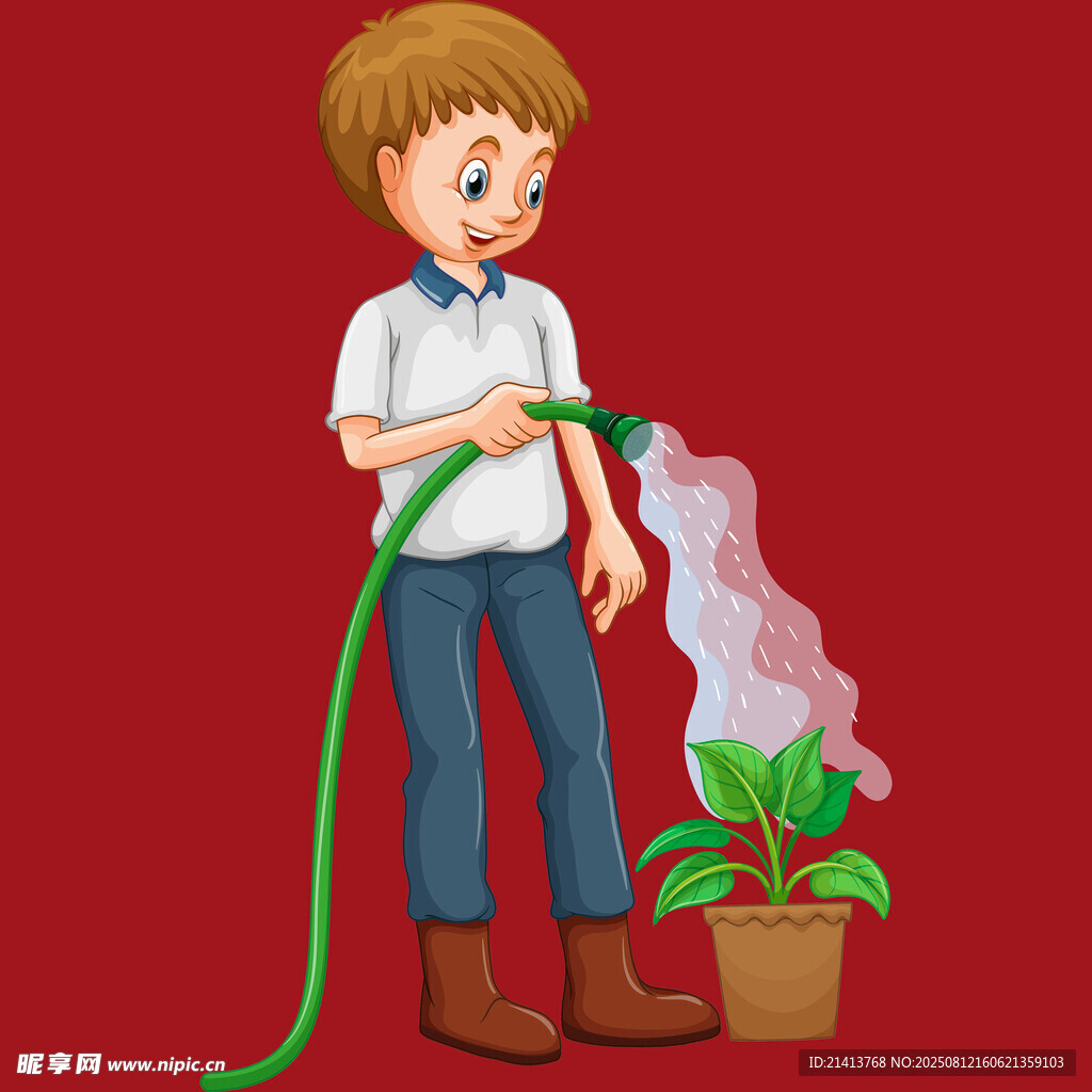男孩給盆栽澆水