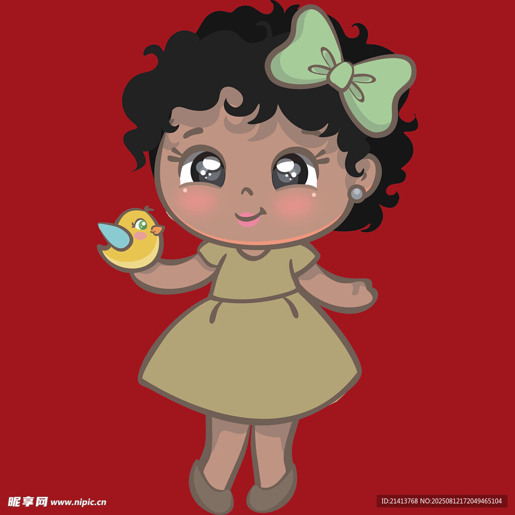 可愛(ài)卷發(fā)女孩手持小鳥(niǎo)