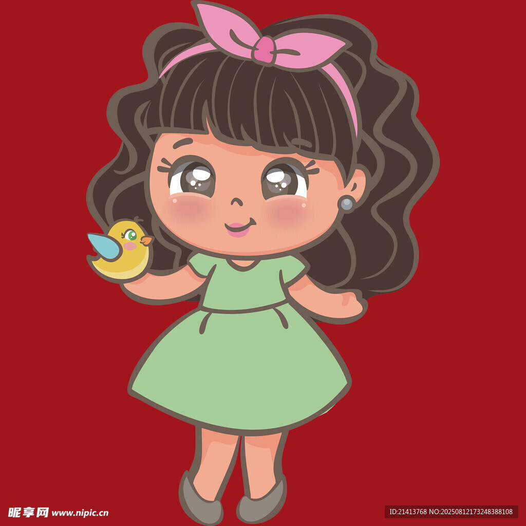 穿綠裙抱小鳥的可愛女孩