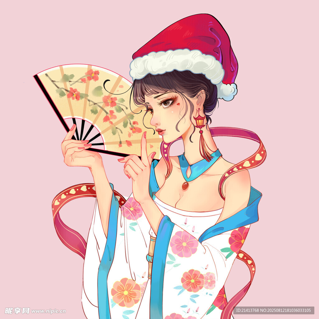 圣誕和服少女持扇圖