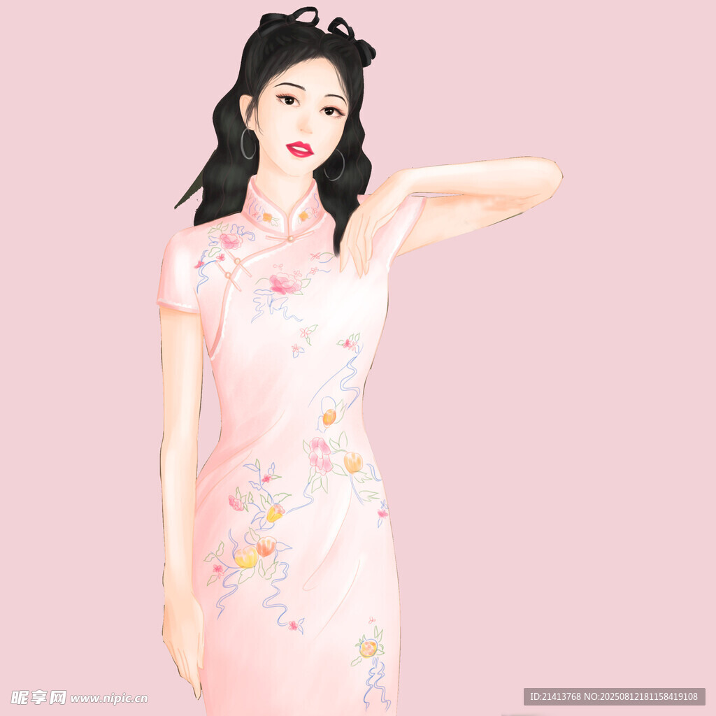 身著粉色旗袍的優(yōu)雅女子
