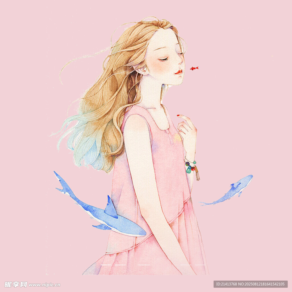 夢幻粉衣少女與靈動飛鳥