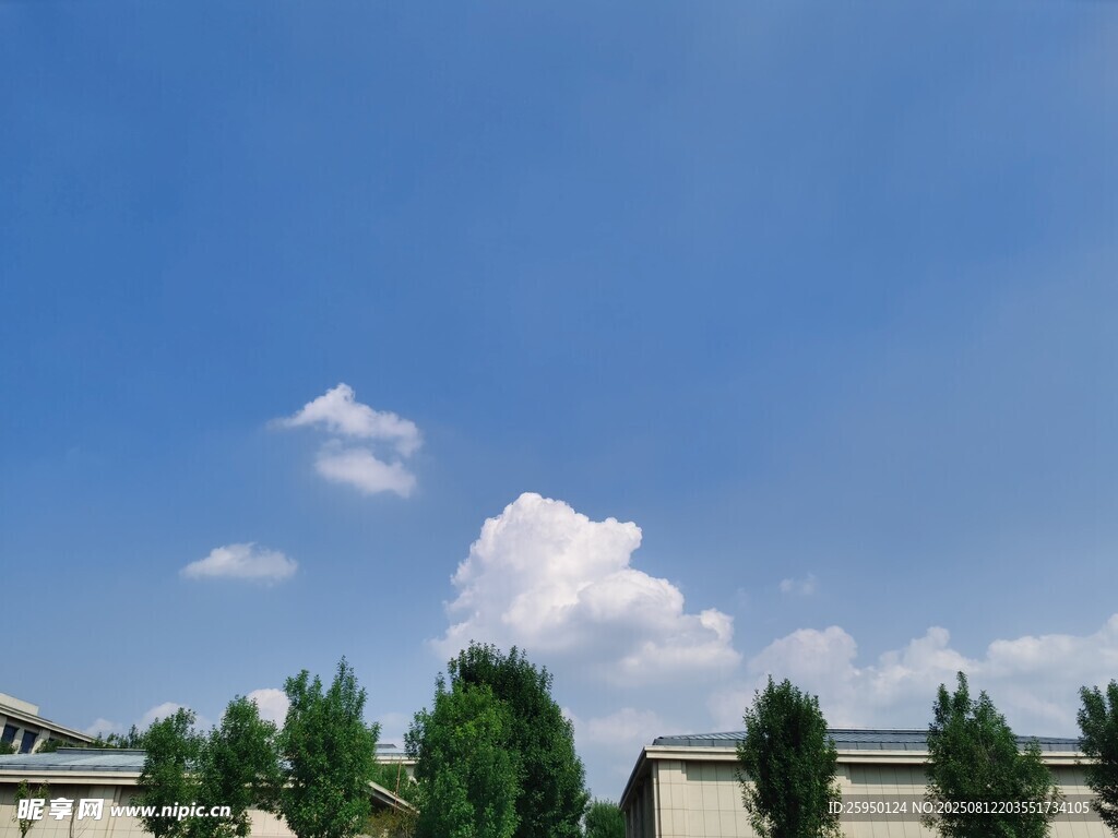 藍(lán)天白云下的綠樹與建筑