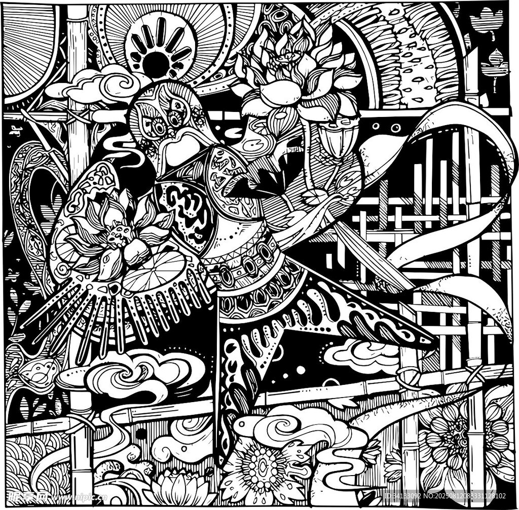 傳統(tǒng)風(fēng)箏黑白插畫木刻木版畫