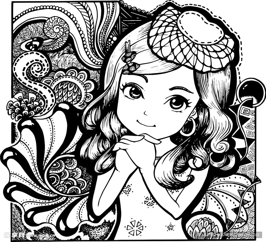夢(mèng)幻女孩黑白插畫木刻木版畫