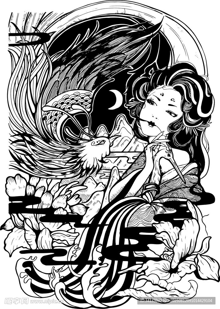 古風(fēng)奇幻少女與鳳凰黑白木刻插畫