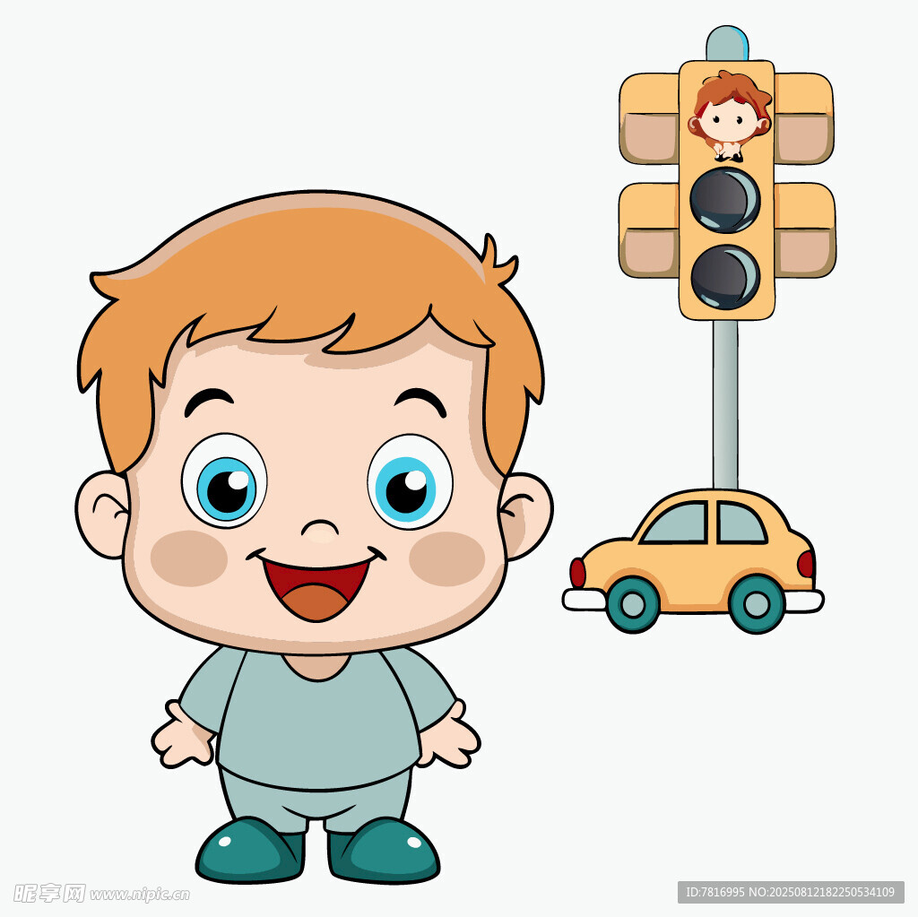 小男孩與交通信號燈和汽車