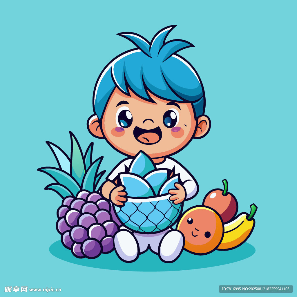 藍(lán)發(fā)小孩與繽紛水果