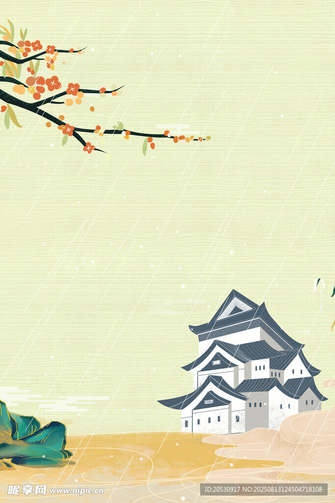 文藝小清新雨天亭臺(tái)樓宇背景