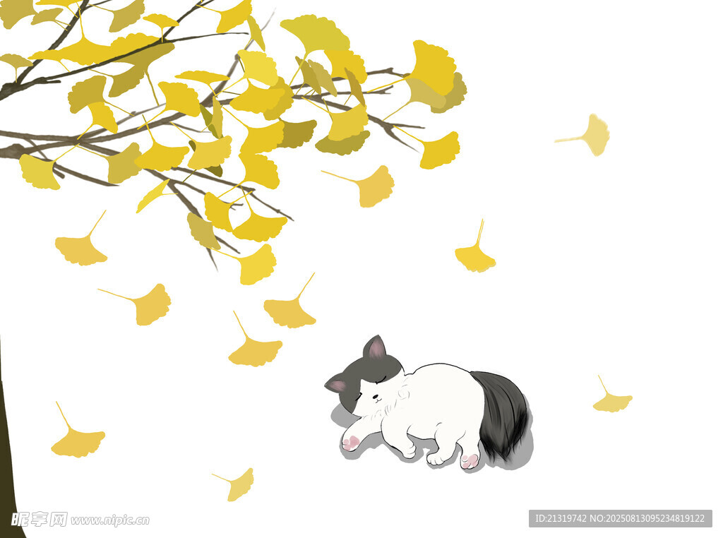 銀杏葉小貓插畫