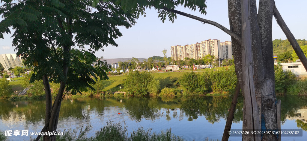 湖畔綠樹環(huán)繞的寧靜景致
