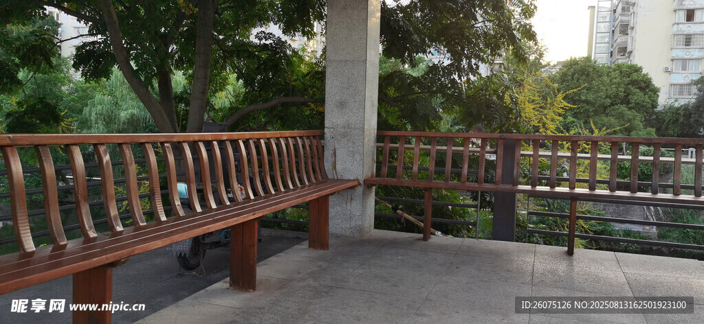公園中的木質(zhì)長椅與綠植