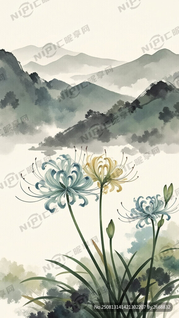 水墨畫石蒜花 近花在左下