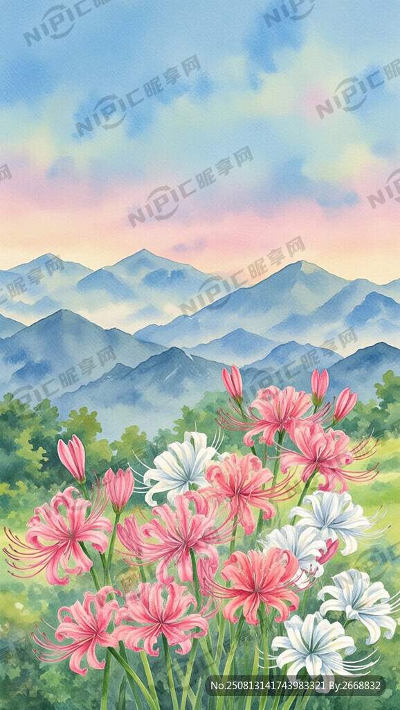 水彩畫 粉色、白色石蒜花束