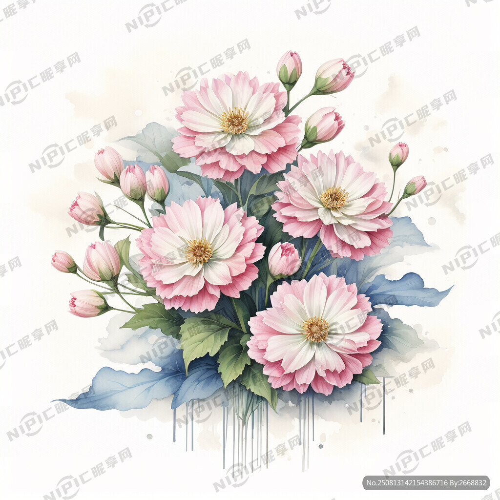 水彩畫 蒜花束粉色、白色花束