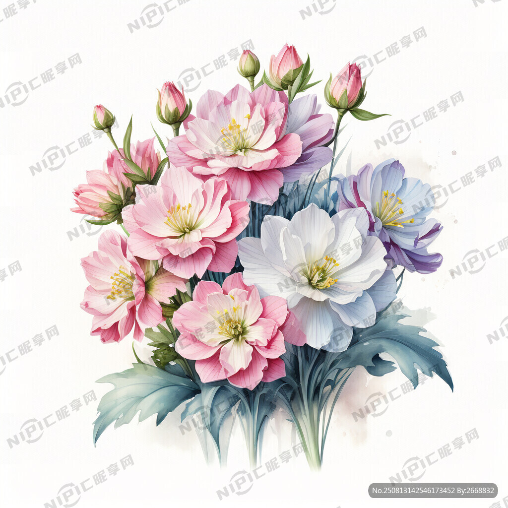 水彩畫(huà) 石蒜花束粉色、白色花束