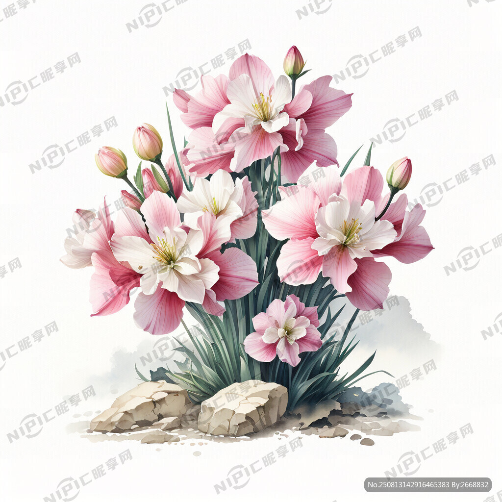 水彩畫(huà) 石蒜花 粉色、白色花束