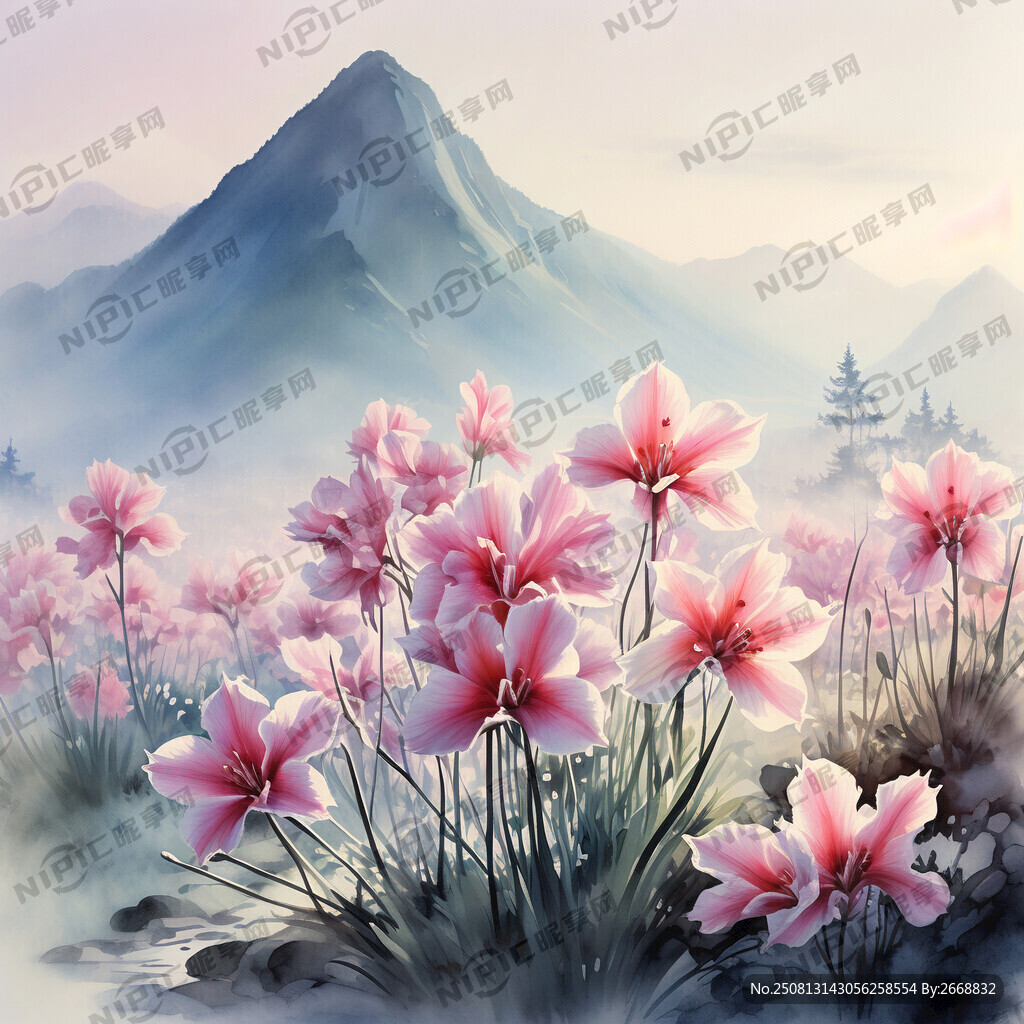 水彩畫 粉色石蒜花和白色石蒜花
