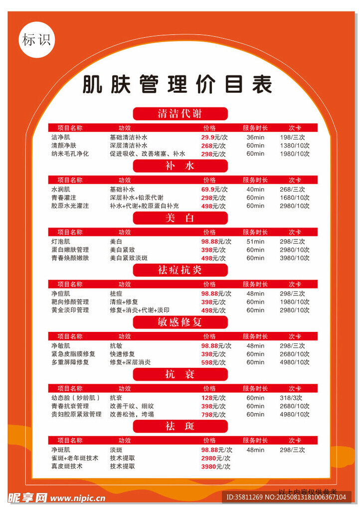 肌膚管理價(jià)目表展示