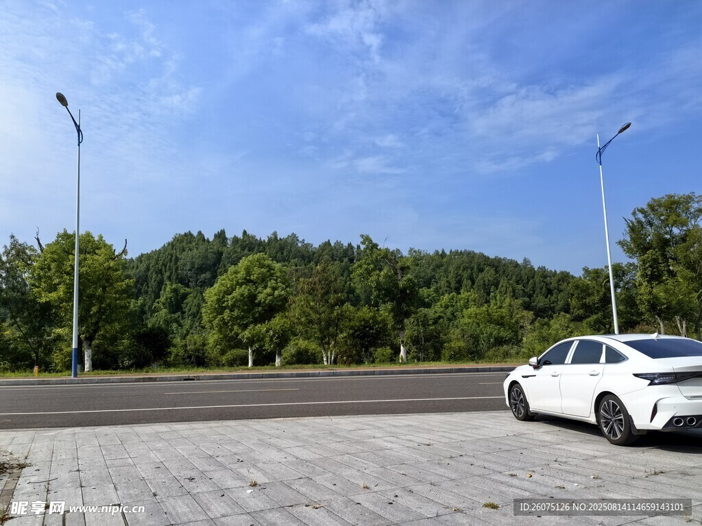 公路旁的白色轎車